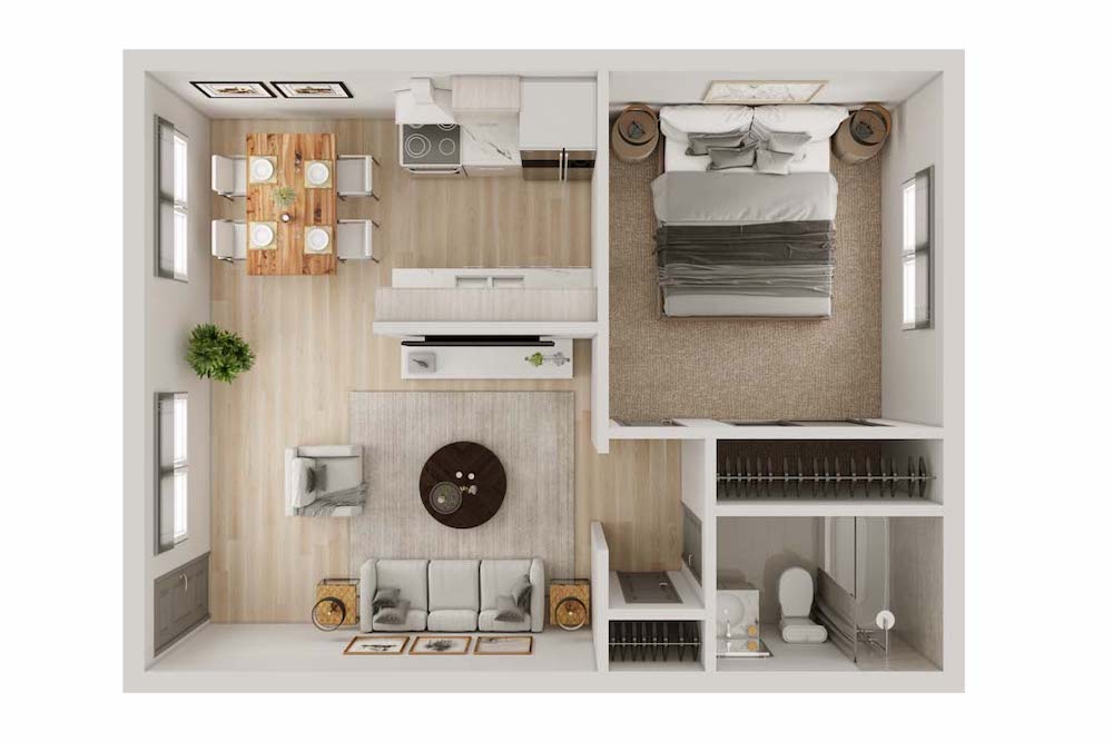 One-bedroom floor plan, 528 to 672 square feet